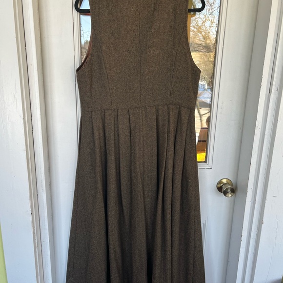 Women’s M/L Brown black handmade Herringbone Wool Sleeveless Button Dress - Picture 3 of 10